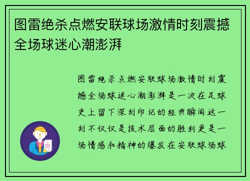 图雷绝杀点燃安联球场激情时刻震撼全场球迷心潮澎湃 图雷绝杀点燃安联球场激情时刻震撼全场球迷心潮澎湃